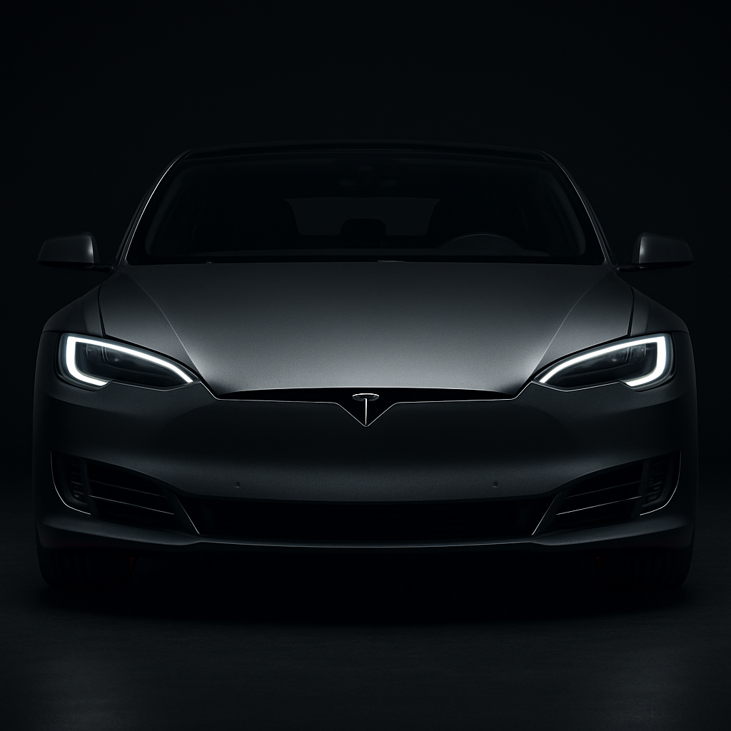 Matte gunmetal Tesla sedan facing forward