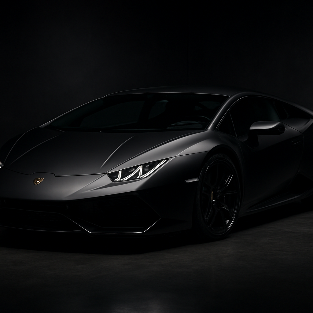 Satin black wrapped Lamborghini Huracán in a dark showroom