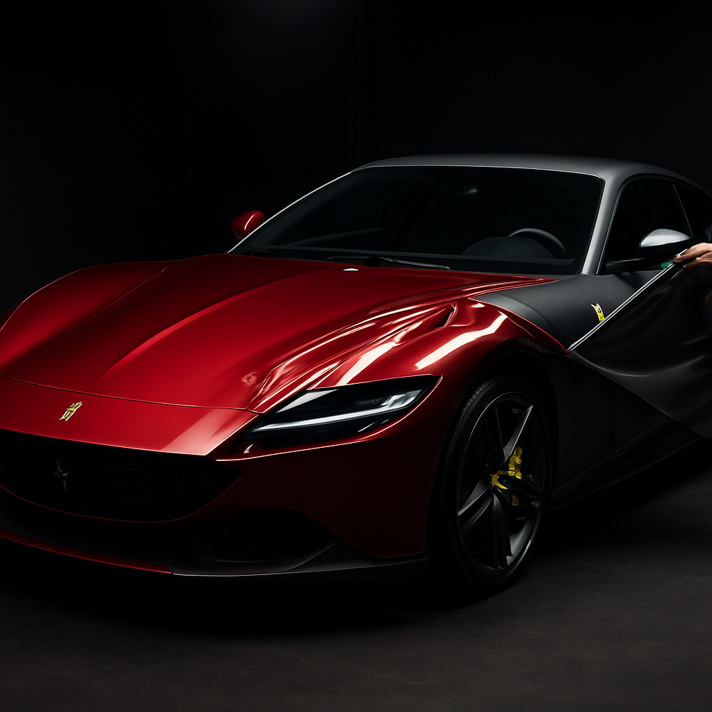 A Ferrari mid color-change wrap showing red and gunmetal finishes