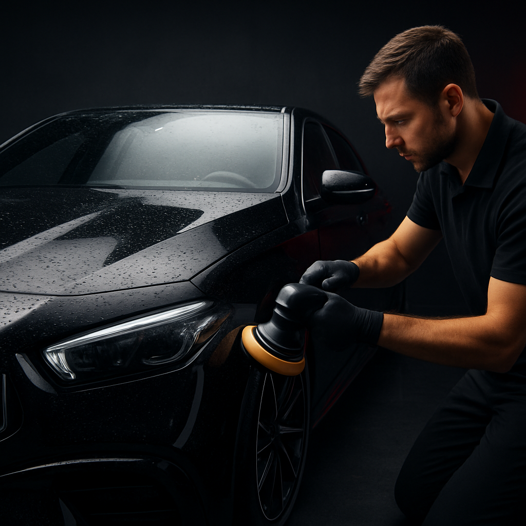 Professional applying ceramic coating to a glossy black car
