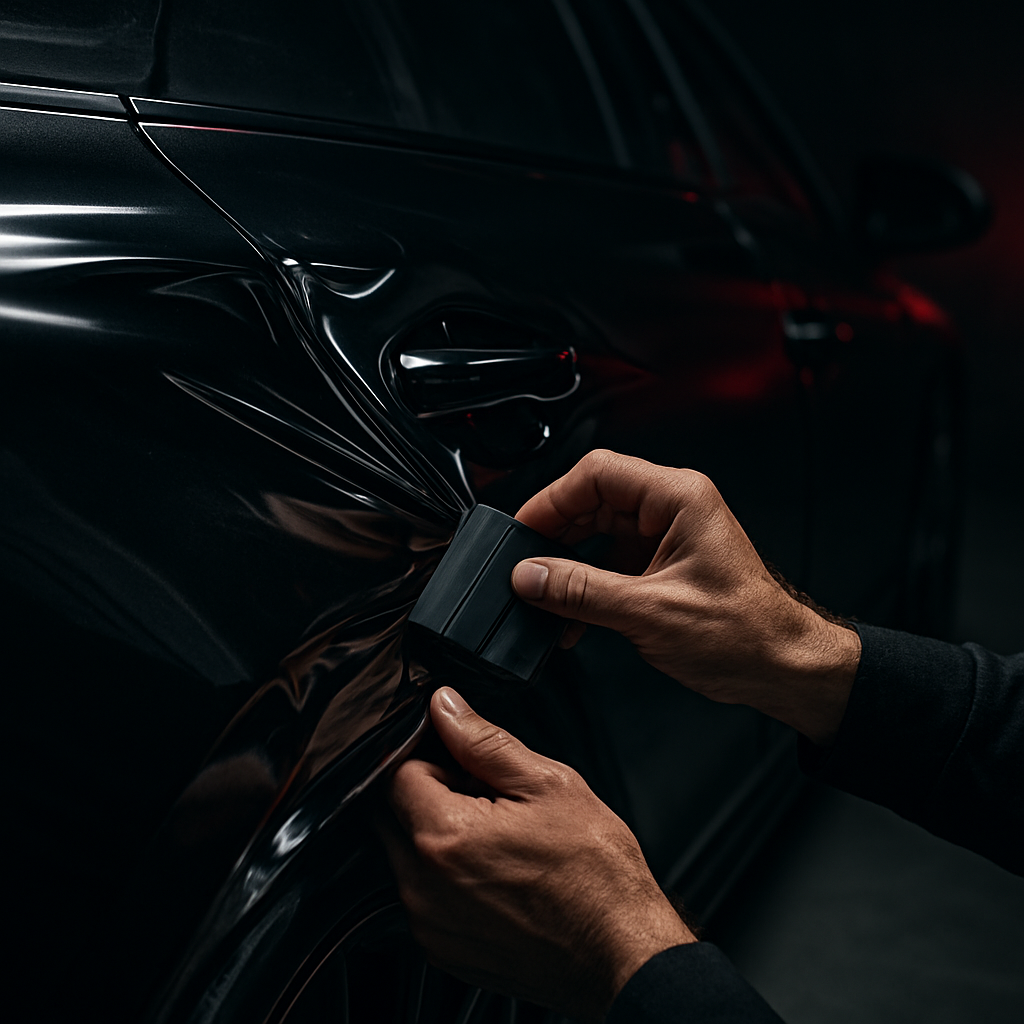 Installer applying a vinyl wrap film to a luxury car door panel
