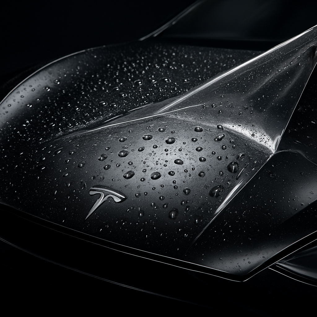Clear paint protection film being applied to a glossy black hood